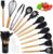 Utensilios de Cocina, 22 piezas Utensilios de Cocina de Silicona utensilios Set Resistente al Calor sin BPA Con mango de madera – 10 Ganchos en Forma de “S”, Aptos para el Lavavajillas Negro